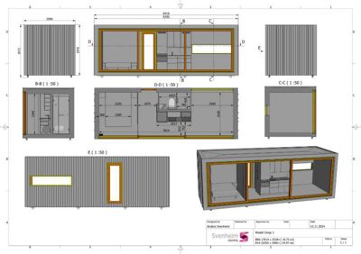 En tegning som viser tverrsnitt (snitt) av en modulær bygning. Den inneholder både et snitt gjennom romfordelingen (D-D) og fasadeutsnitt (B-B, C-C, E), samt en 3D-visualisering av bygningen.