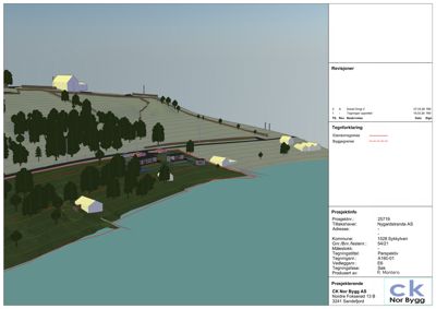 3D-visualisering (rendering) av et byggeprosjekt sett fra et vinklet perspektiv, som viser terreng, vann, beplantning og plassering av bygninger.