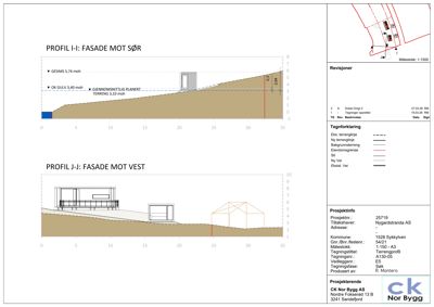 Snittegning som viser terrengprofil og fasadeoppsett mot sør og vest.