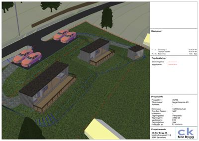 3D-visualisering (rendering) av et tomt med to hytter, bilplassering og omgivende beplantning.