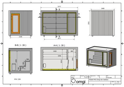 Detaljtegning av en badstue (Modell M43) med snittegninger (A-A, B-B), oppriss og 3D-visning.