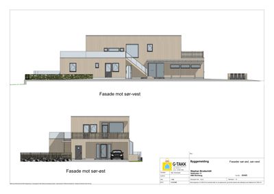 Fasadetegning som viser bygningens utseende fra to vinkler (sør-vest og sør-øst).