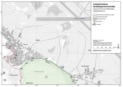 Kart over Listastrendene landskapsvernområde i Farsund kommune, som viser soner og geografiske plassering.