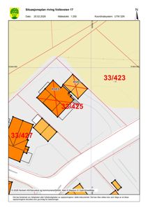 Situasjonsplan for riving av Volleveien 17, som viser eiendomsnummer (33/423, 33/425, 33/427), bygningers plassering og status.