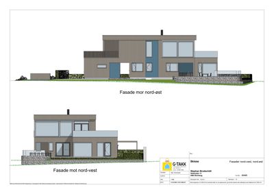 Tegning som viser fasaderetningen mot nord-vest og nord-øst for en planlagt bygning.