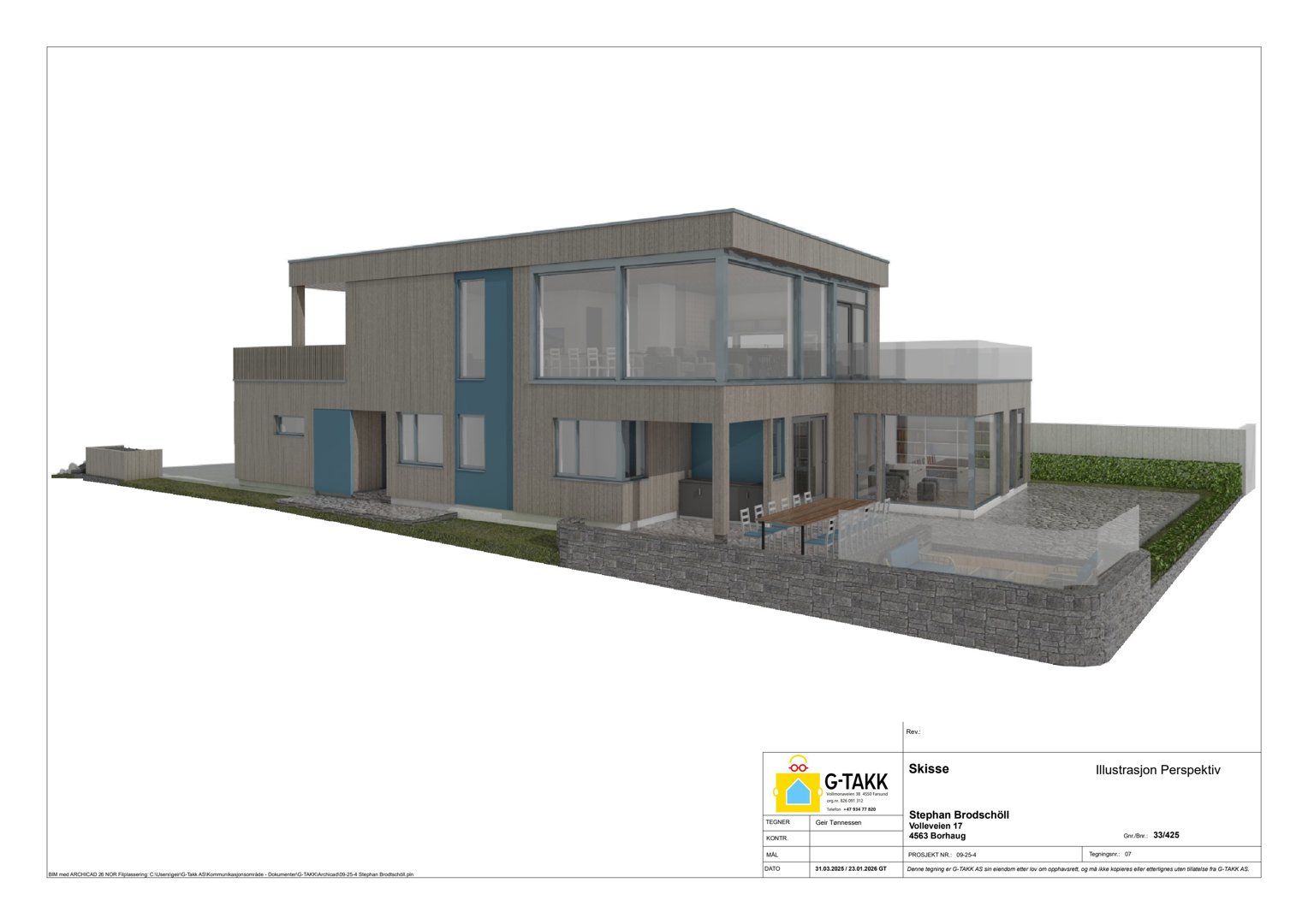 3D-visualisering (perspektiv) av en planlagt bolig med omgivelser.