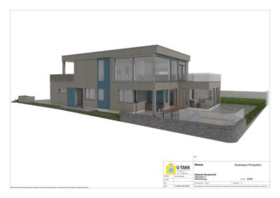 3D-visualisering (perspektiv) av en planlagt bolig med omgivelser.