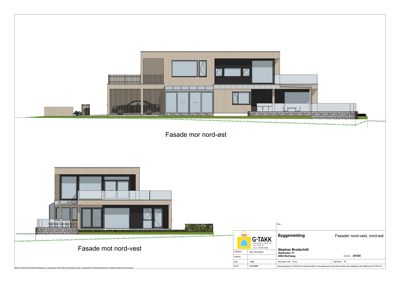 Fasadetegning som viser bygningens utseende fra nord-vest og nord-øst.