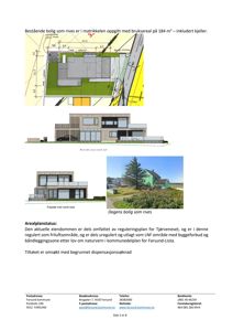 Bildet viser en side fra et byggesaksdokument som inneholder en situasjonsplan, fasadetegninger og et fotografi av den eksisterende boligen.