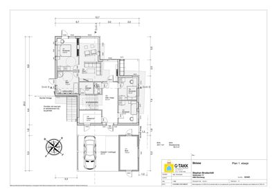 Etasjeplan (Plan 1. etasje) som viser romfordeling, dimensjoner og orientering for en bolig.