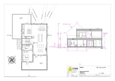Etasjeplan for 2. etasje med romfordeling, dører og vinduer, samt tilhørende snittegning (Snitt B) som viser høyder og konstruksjon.