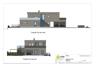Tegning som viser fasadeopprikk for en bygning sett fra sør-vest og sør-øst.