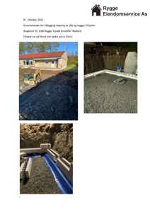 Fotografier av grunnarbeider for tilbygg og kjeller ved Skogfaret 55, inkludert utgravning, betongstøping og veggkonstruksjon.