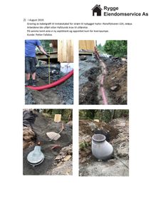 Fotografier av utførte anleggsarbeider, inkludert graving av kabelgrøft og installasjon av septiktank og kvernpumpekum.