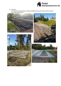 Fotodokumentasjon av grunnarbeider og oppsett av en shuffleboard-bane og petanque-bane på Kato senteret.