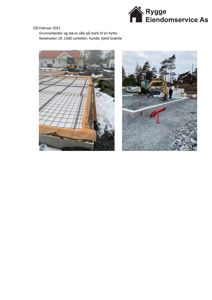 Fotografier av grunnarbeider og støping av såle på mark til en hytte.