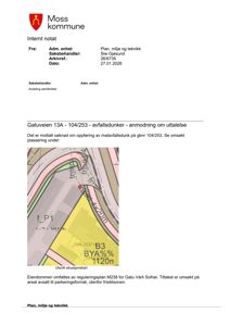 Situasjonskart som viser eiendomsgrunn, reguleringsplan og plassering av et tiltak (avfallsdunker).