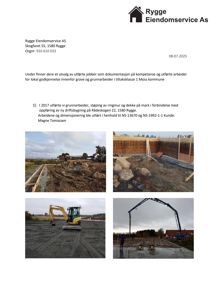 Fotodokumentasjon av utførte grunnarbeider, inkludert ringmur og betongstøping, på et byggeprosjekt.