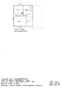 Etasjeplan (2. etg.) av en eksisterende bygning med rombetegnelser og dimensjoneringslinjer.