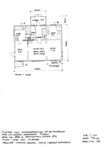 Etasjeplan (1. etg) for en tilbygg til fritidshus, med romfordeling, mål og arealoppgivelser.