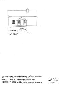 Fasadetegning av en fritidsbolig med oppriss av tak, vinduer, dør og en liten veranda. Tegningen viser også endringer (tilbygg og nytt innrekk) og er merket som 'Fasade mot Nord-Vest'.