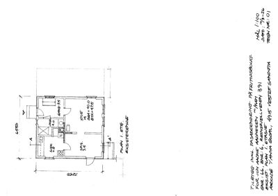 Etasjeplan (Plan 1. etg) for en eksisterende bygning, som viser romfordeling, mål og areal.