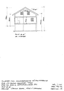 Snittegning (Snitt 8-8') av en nybygd fritidsbolig som viser høyder, vindusposisjon og takhelling.
