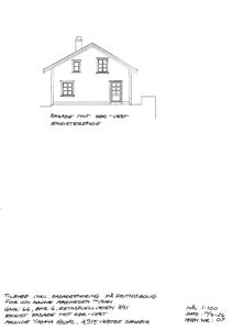 Tegning av fasade mot sør-vest for eksisterende bygning.