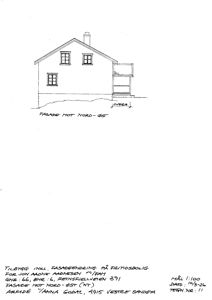Tegning av fasade mot nord-øst for et tilbygg på fritidsbolig.