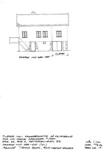 Tegning av fasade mot sør-øst for en fritidsbolig, inkludert et tilbygg.