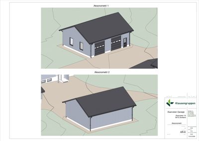 3D-visualisering (aksometri) av en planlagt garasje med omgivende terreng.
