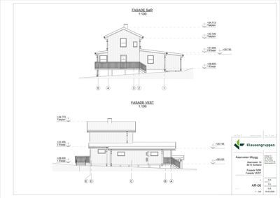 Tegning som viser fasadeopprikk (SØR og VEST) med høydemål og detaljer for et hus.