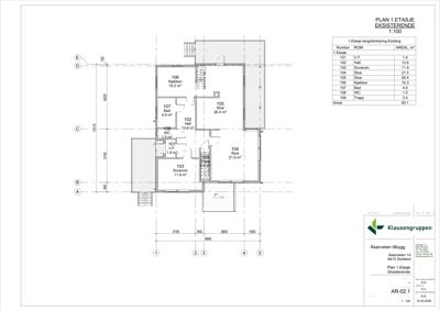 Etasjeplan for 1. etasje i eksisterende bygning med romfordeling, arealoppdelinger og dimensjoner.