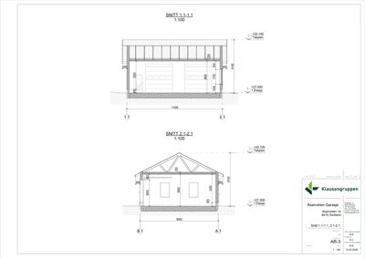 Snittegning (AR-3) som viser tverrsnitt gjennom garasjen på etasjenivå og takplan.