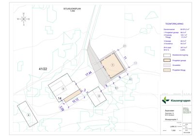 Situasjonsplan som viser eiendomsnummer, eksisterende og prosjekterte bygninger med arealopplysninger og tegnforklaring.
