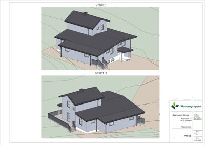 3D-visualisering (rendering) av en husmodell med to utsikter (utsikt 1 og utsikt 2) som viser fasade, takform og omgivelser.