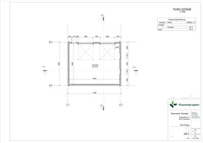 Etasjeplan (1. etasje) for en garasje med romfordeling, dimensjoner og arealopplysninger.