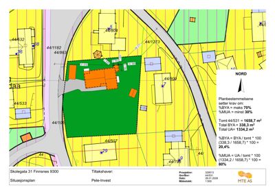 Situasjonsplan som viser tomt, naboeiendommer og bygningers plassering i forhold til hverandre.