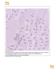 Løsmassekart som viser topografi og bygningsplasseringer i et område.