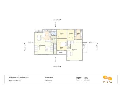 Hovedetasjens planlegging med romfordeling og dimensjoner.
