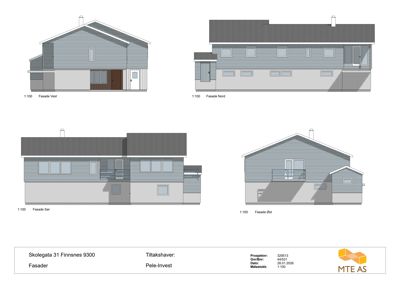 Bildet viser fire fasadetegninger av en bolig (Vest, Nord, Sør, Øst) med målestokk 1:100.