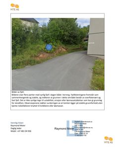 Fotografi av et fjellområde med vegetasjon og en vei, som er en del av en geoteknisk vurdering i en byggesak.