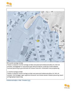Kart som viser kvikkleireskredfare (NVE sitt temakart) med en markert plassering av tiltaket.