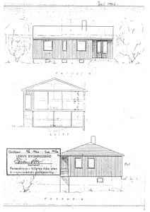 Bildet viser en tegning med fasade- og snittegninger av en bygning, inkludert godkjenningsstempel.