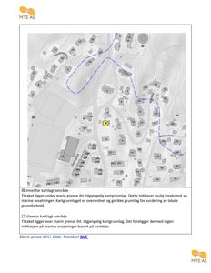 Et kart som viser et kartlagt område med marine avsetninger, topografi og eiendomsgrenser.