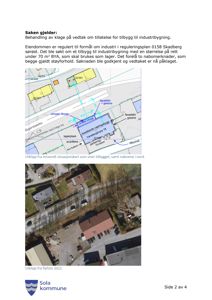 Bildet viser en side fra en byggesak som inneholder to utklipp: øverst en situasjonskart med tegnet bygningsplassering, og nederst et flyfoto av området.