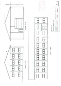 Fasadetegning som viser frontene av en bygning sett fra øst, vest og sør.