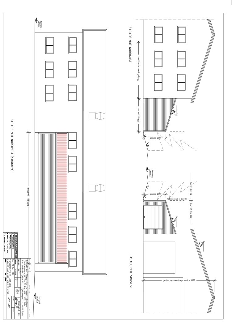 Fasadetegning som viser bygningens utseende sett fra nordvest og sørøst, inkludert vinduer, tak og grunnmur.