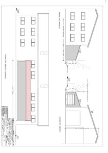 Fasadetegning som viser bygningens utseende sett fra nordvest og sørøst, inkludert vinduer, tak og grunnmur.