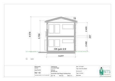 Snittegning (Snitt B) av en bygning med mål og etasjenavn.